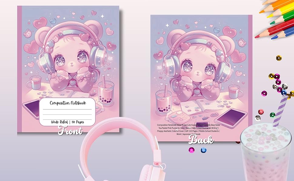 Composition Notebook Wide Ruled Girls Cute Pastel Pink Aesthetic Preppy Kawaii Bear with Headphones