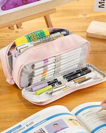 pink wide-open pencil case